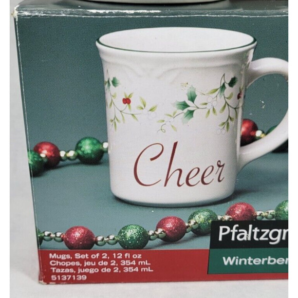 2 Pfaltzgraff Winterberry Coffee Mugs Christmas Cheer Joy Stoneware 12 Oz NEW - Picture 6 of 11